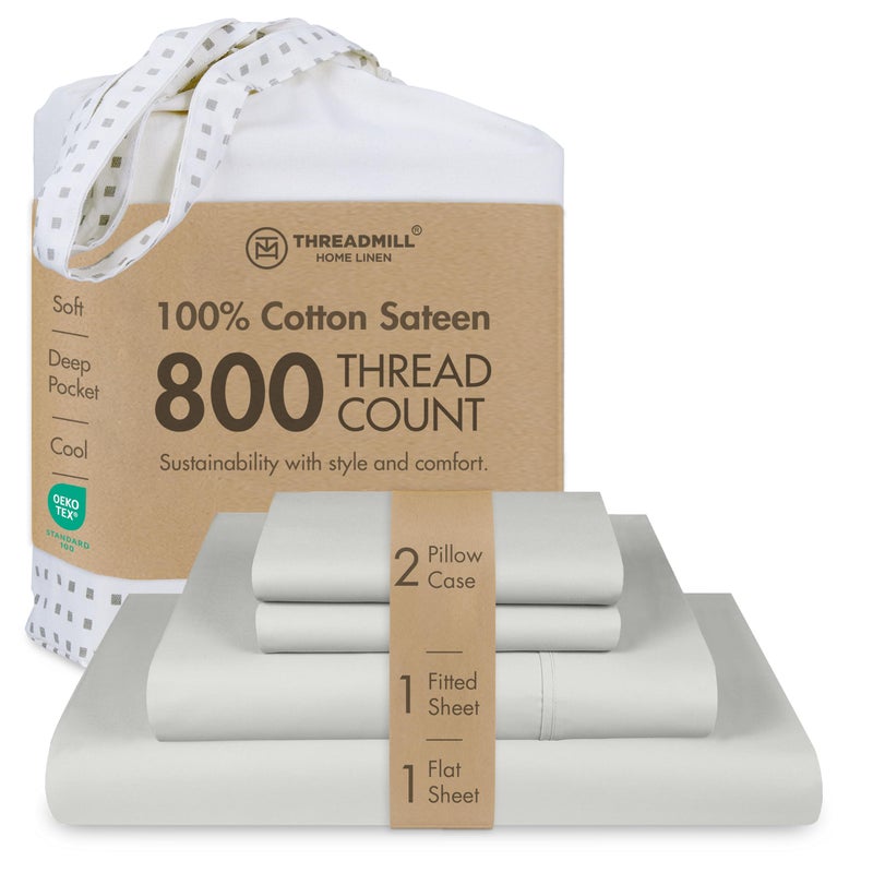 Threadmill Luxury 800 Thread Count Full Size 100% Cotton Sheets - Light Grey Sateen Weave Bed-Sheets, Better Than Egyptian Cotton, 4 Pc Solid Bed Set, Fits 16" Deep Pocket - Image 1